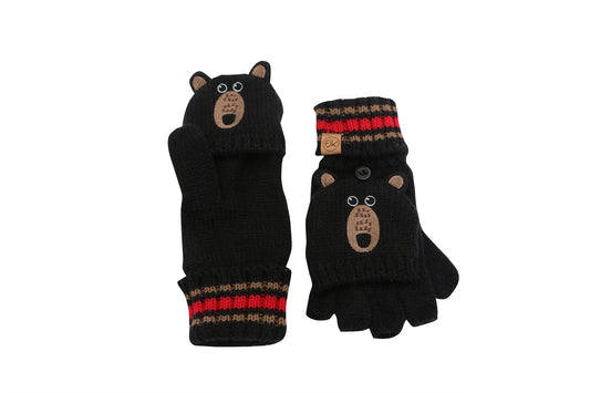 Toddler/Kids Knitted Fingerless Gloves with Mitten Flaps - Black Bear