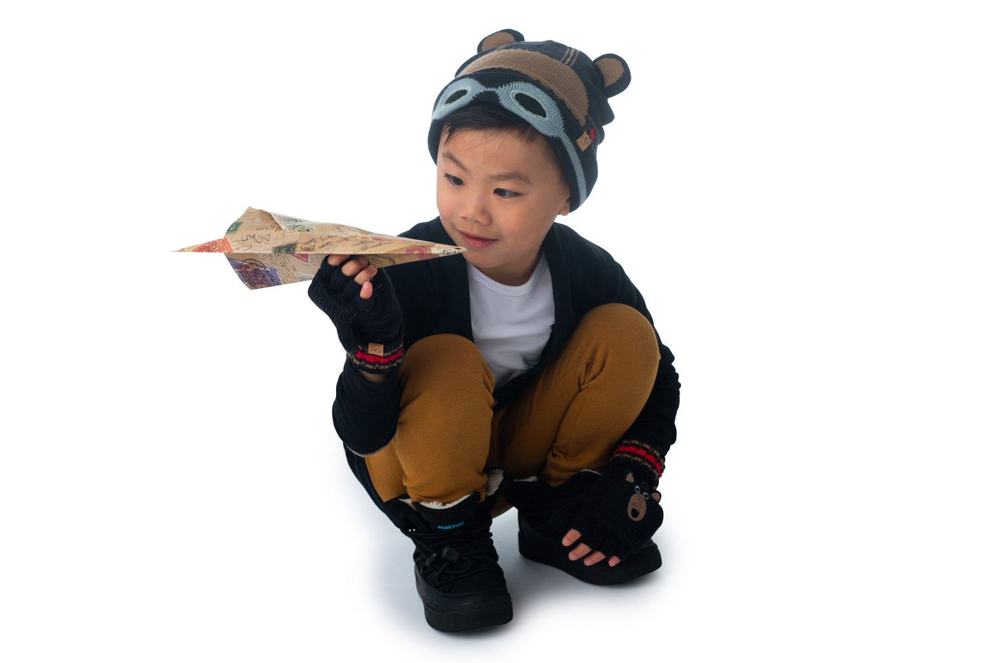 Toddler/Kids Knitted Fingerless Gloves with Mitten Flaps - Black Bear