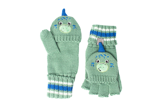 Toddler/Kids Knitted Fingerless Gloves with Mitten Flaps - Dino Green