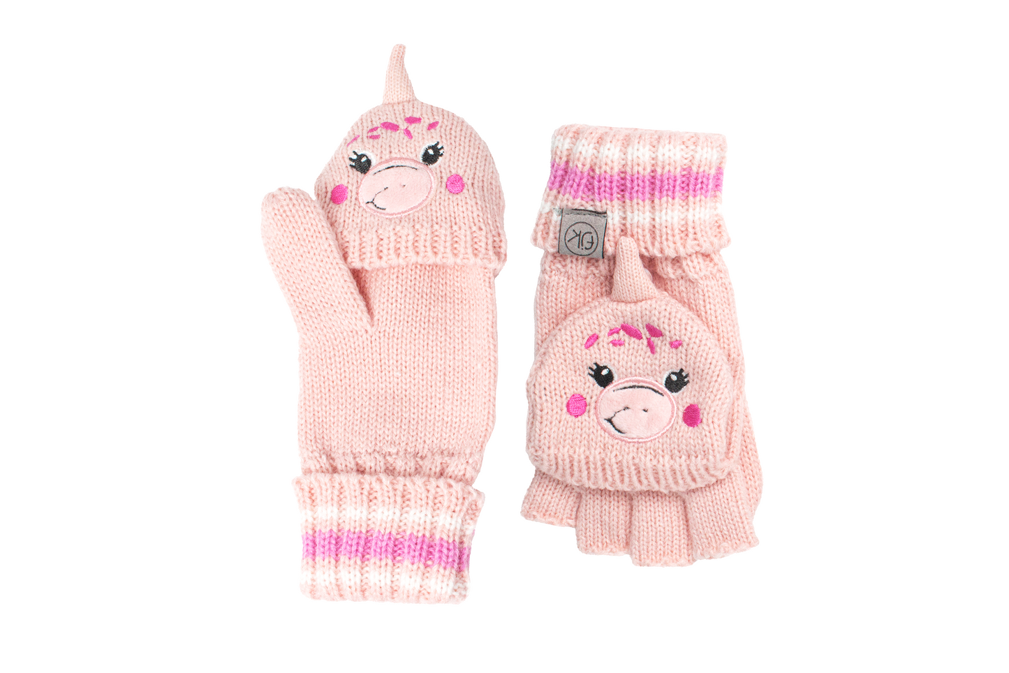 Toddler/Kids Knitted Fingerless Gloves with Mitten Flaps - Dino Pink