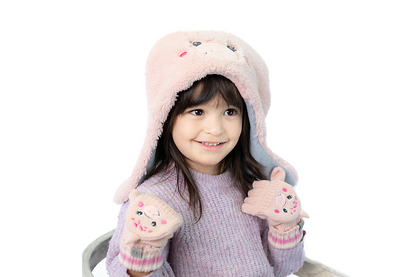 Toddler/Kids Knitted Fingerless Gloves with Mitten Flaps - Dino Pink