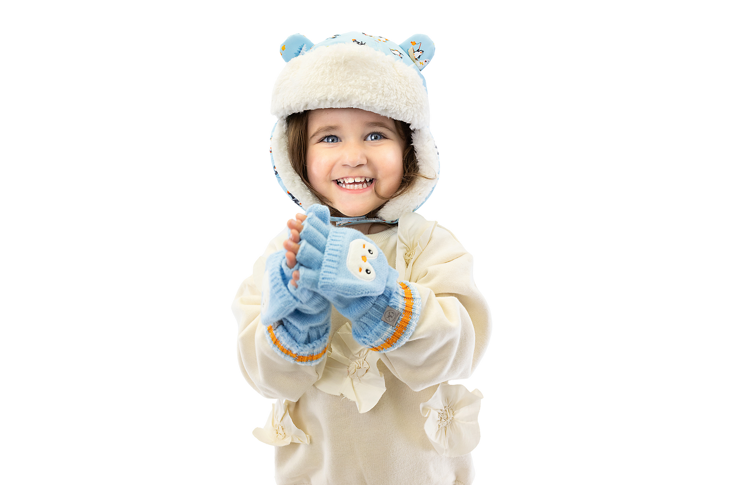 Toddler/Kids Knitted Fingerless Gloves with Mitten Flaps - Penguin