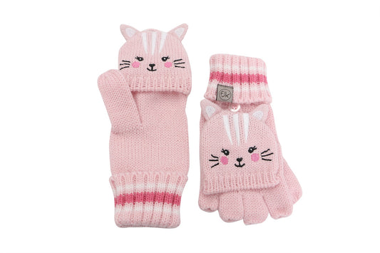 Toddler/Kids Knitted Fingerless Gloves with Mitten Flaps - Cat