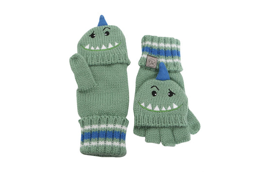 Toddler/Kids Knitted Fingerless Gloves with Mitten Flaps - Dinosaur