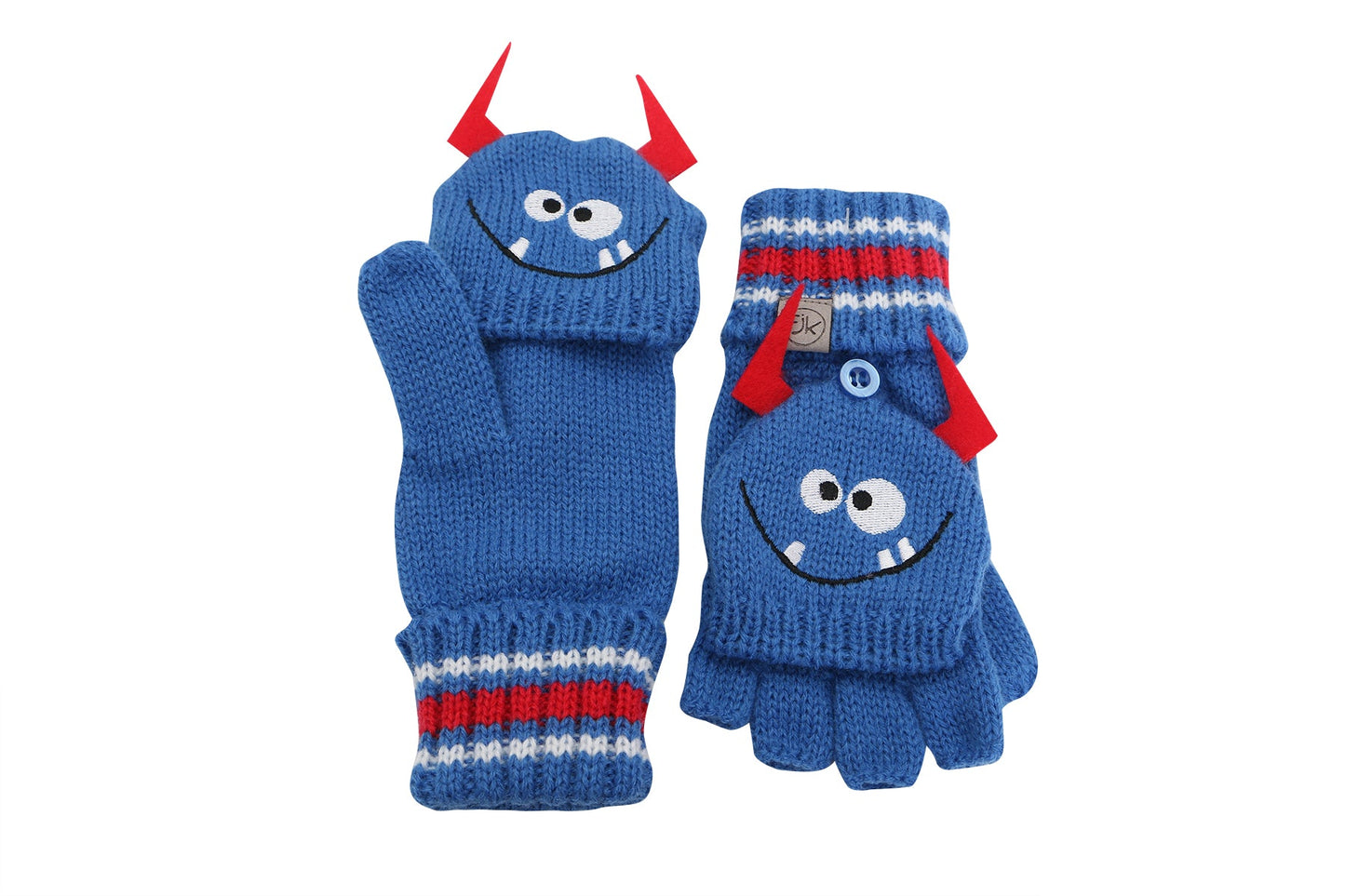 Toddler/Kids Knitted Fingerless Gloves with Mitten Flaps - Monster