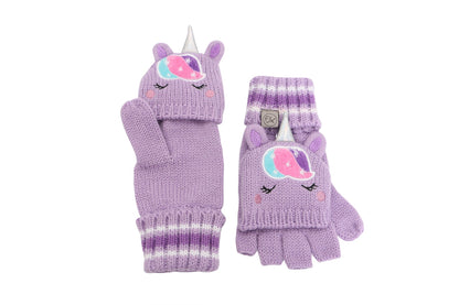 Toddler/Kids Knitted Fingerless Gloves with Mitten Flaps - Unicorn