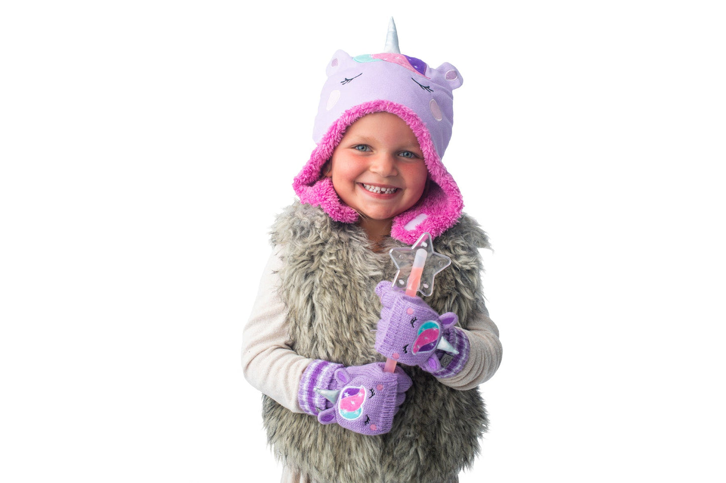 Toddler/Kids Knitted Fingerless Gloves with Mitten Flaps - Unicorn