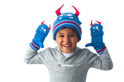Toddler/Kids Knitted Fingerless Gloves with Mitten Flaps - Monster